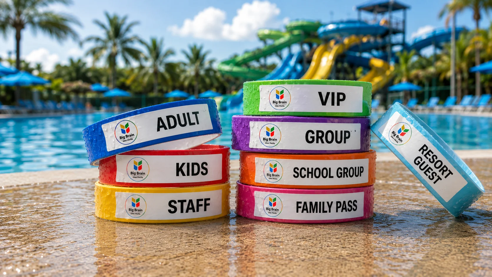waterproof wristbands for water parks with custom logo printing and visitor access labels