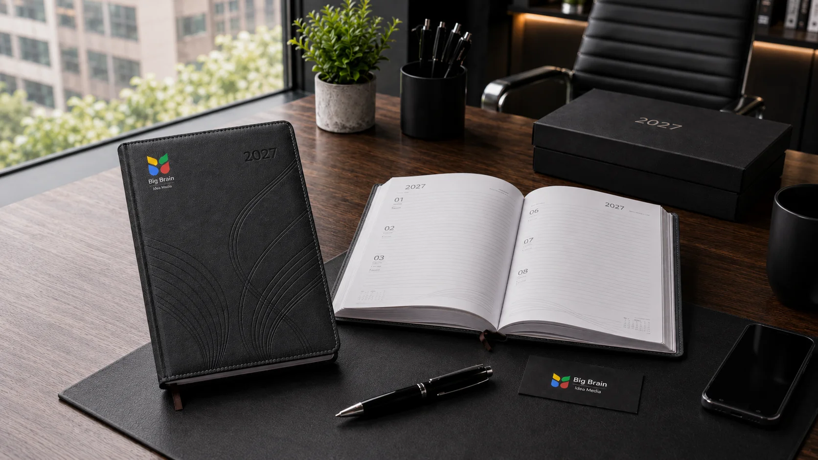 2027 custom diary printing for corporate gifts with Big Brain Idea Media logo on premium black diary