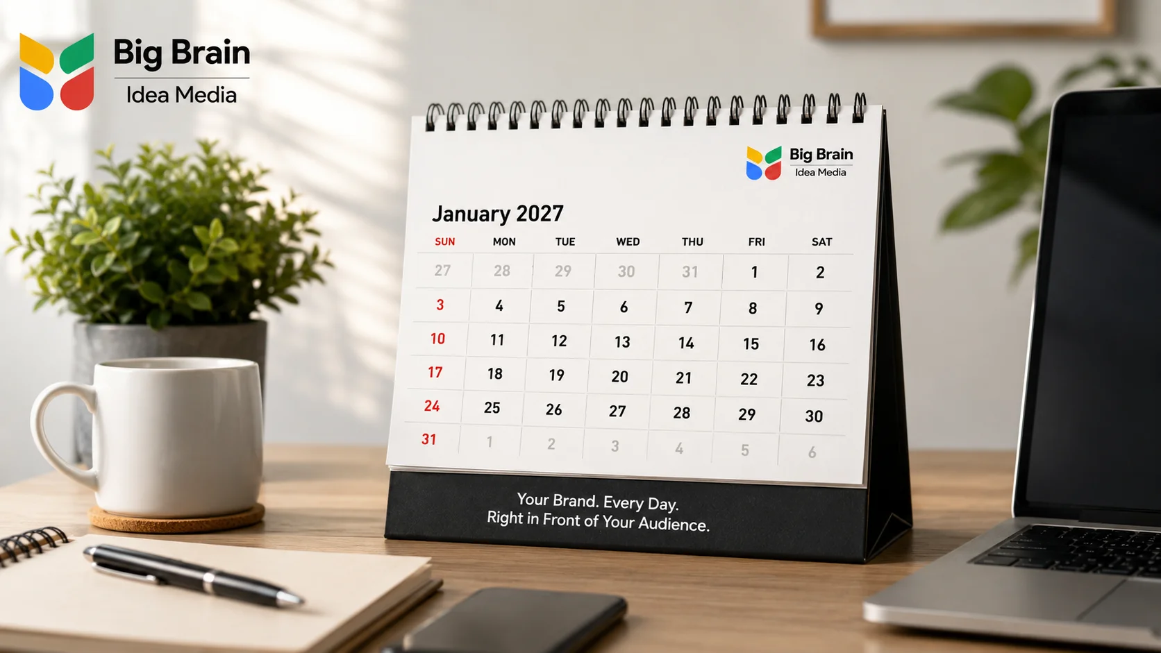 Big Brain Idea Media branded desk calendar for January 2027 on an office desk, showcasing how monthly calendars keep businesses visible every day