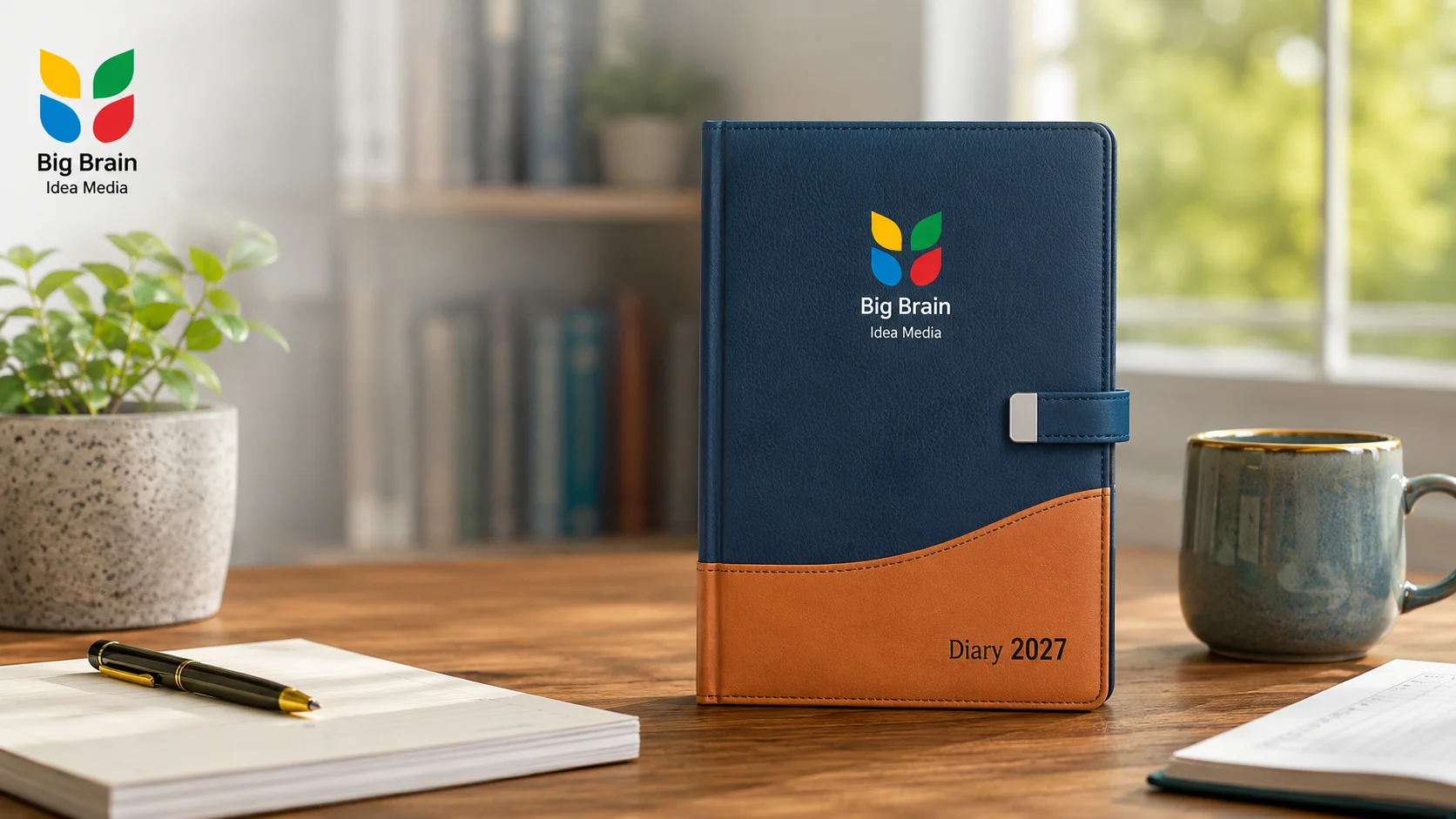 Customised 2027 corporate diary with Big Brain Idea Media logo on a professional office desk