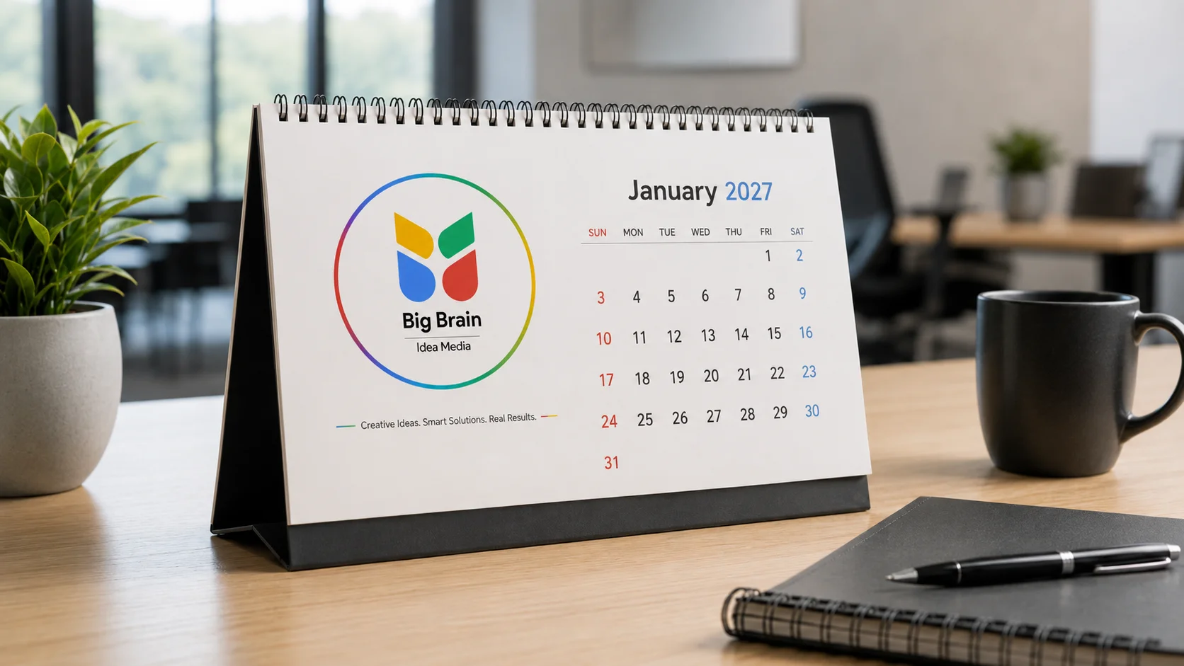 Corporate table calendar printing with Big Brain Idea Media logo for 2027 business gifts on office desk