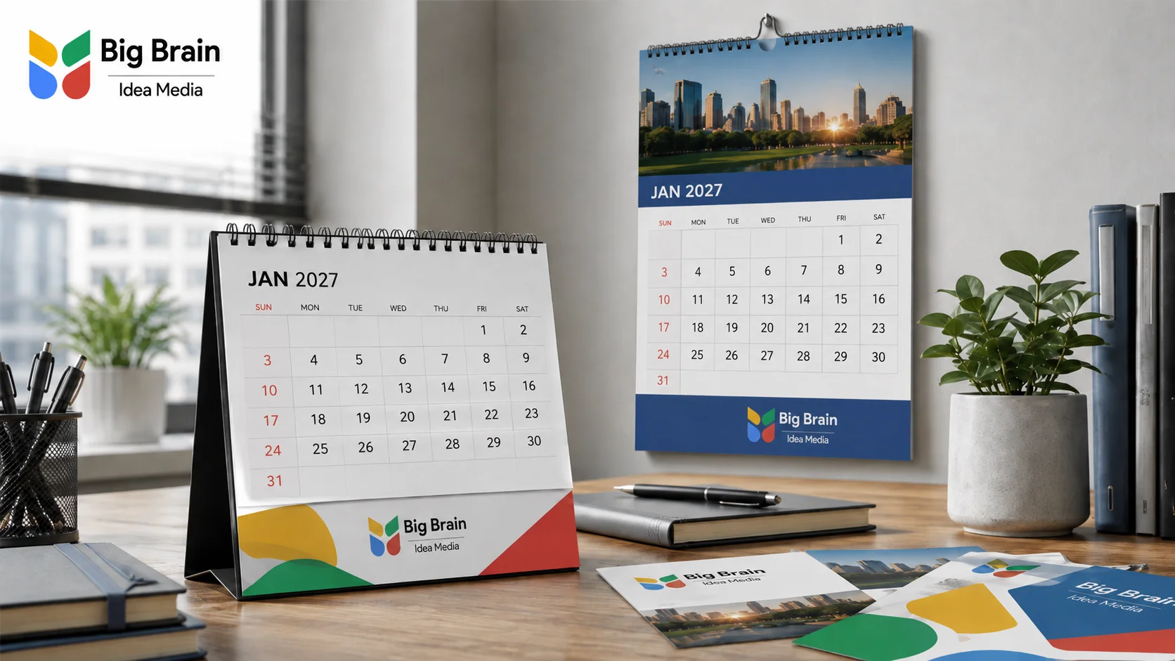 Custom January 2027 desk and wall calendars featuring Big Brain Idea Media branding in a modern office.