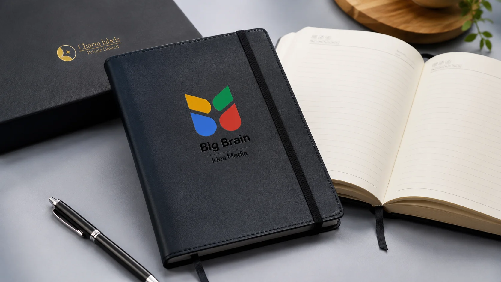 Premium blue custom diary featuring the Big Brain Idea Media logo on a professional office desk.