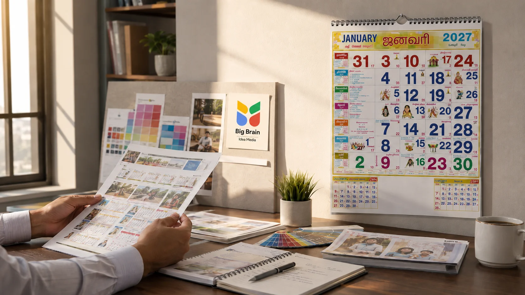 Printing professional reviewing calendar proofs and colour samples with Big Brain Idea Media branding