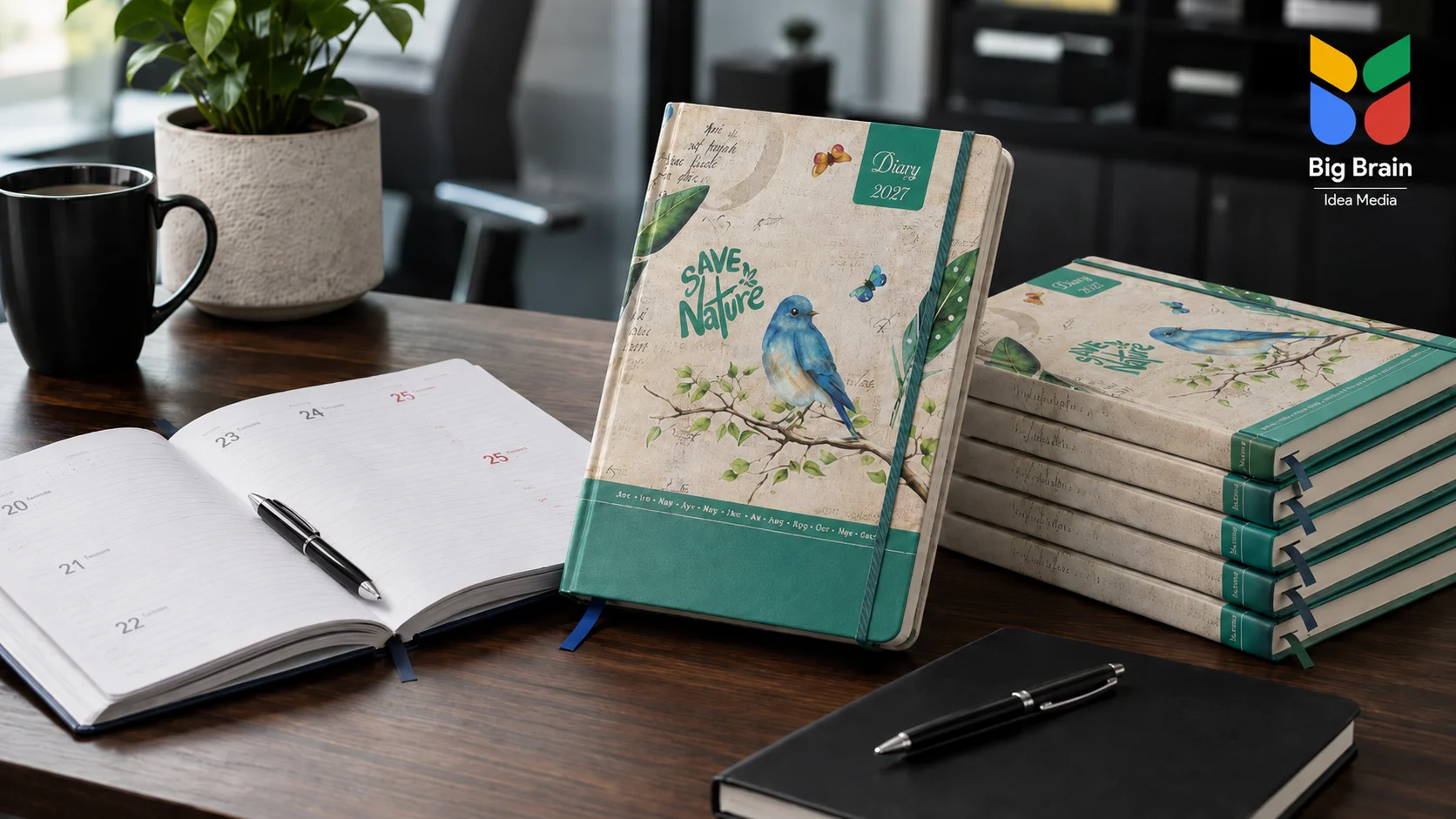 Customised corporate Diary 2027 displayed on an office desk with Big Brain Idea Media branding