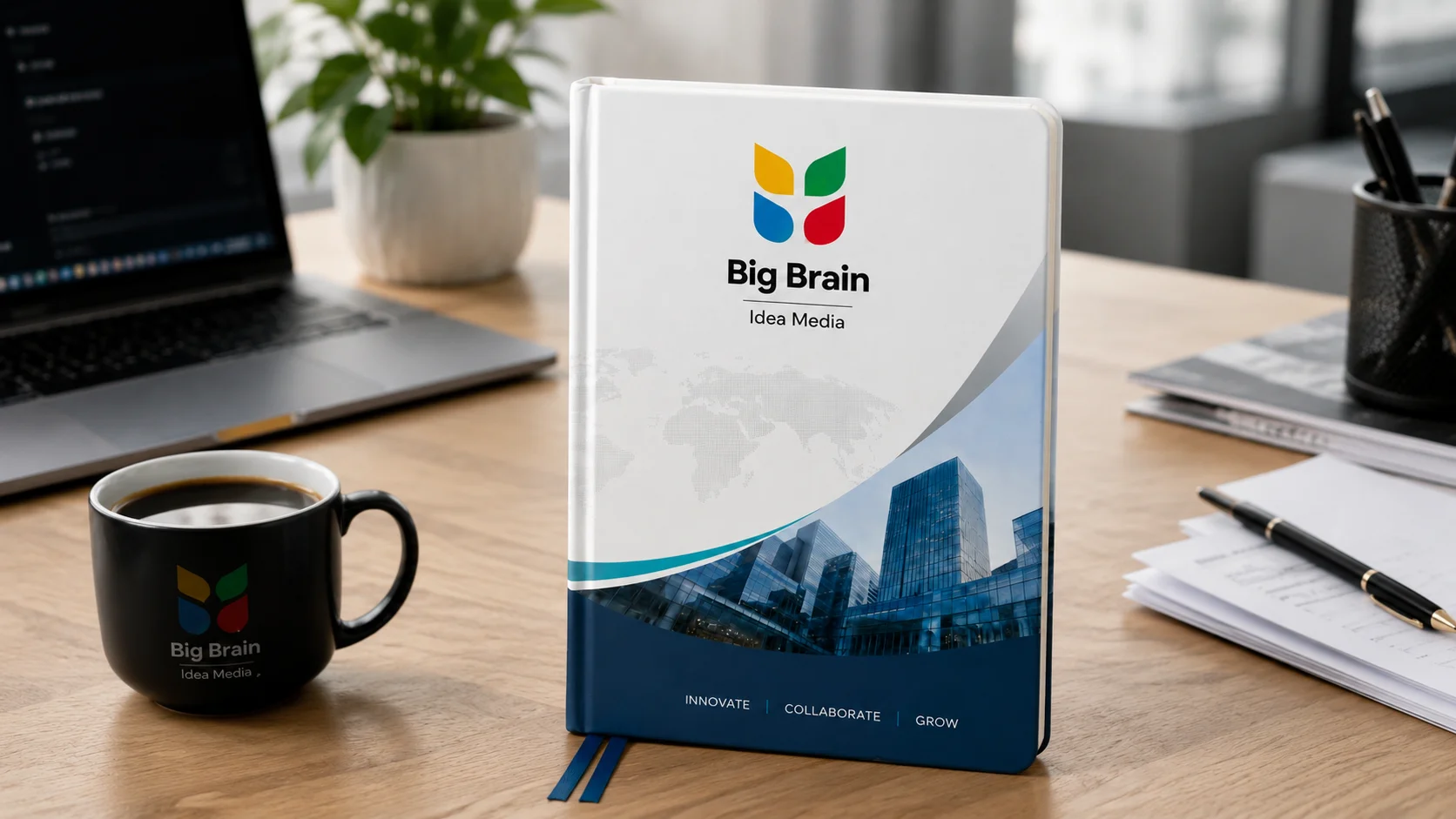 Personalised business diary featuring Big Brain Idea Media branding in a professional office workspace