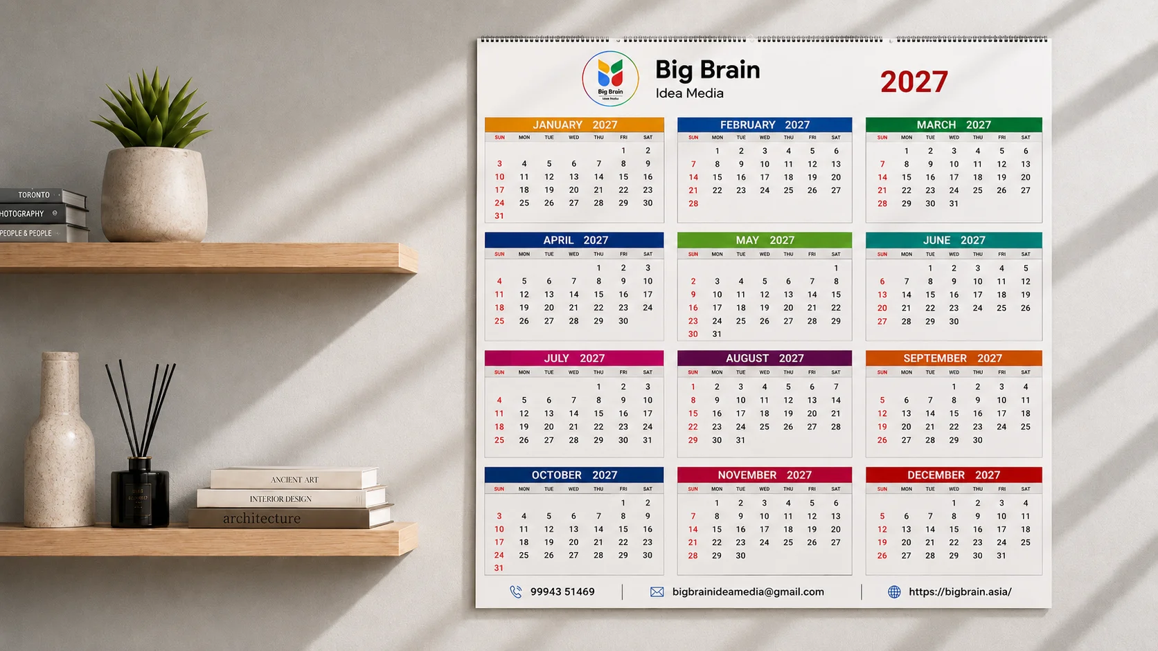 Branded 2027 wall calendar with 12 month layout for business promotion by Big Brain Idea Media.