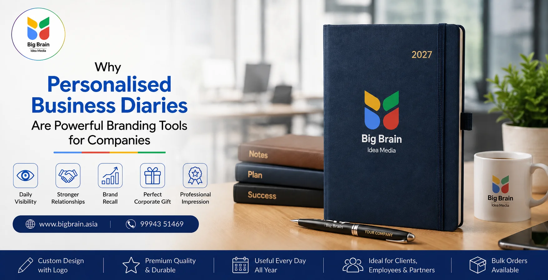 Personalised business diary printing with Big Brain Idea Media logo for corporate branding