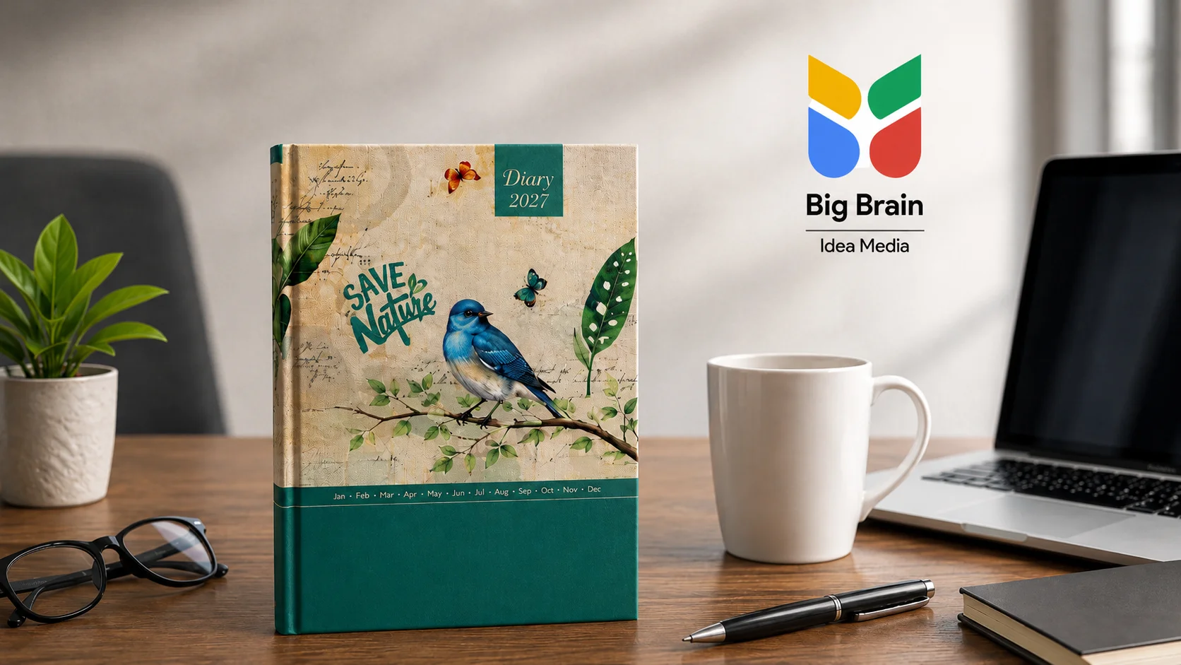 2027 custom diary with Big Brain Idea Media logo in a professional office workspace