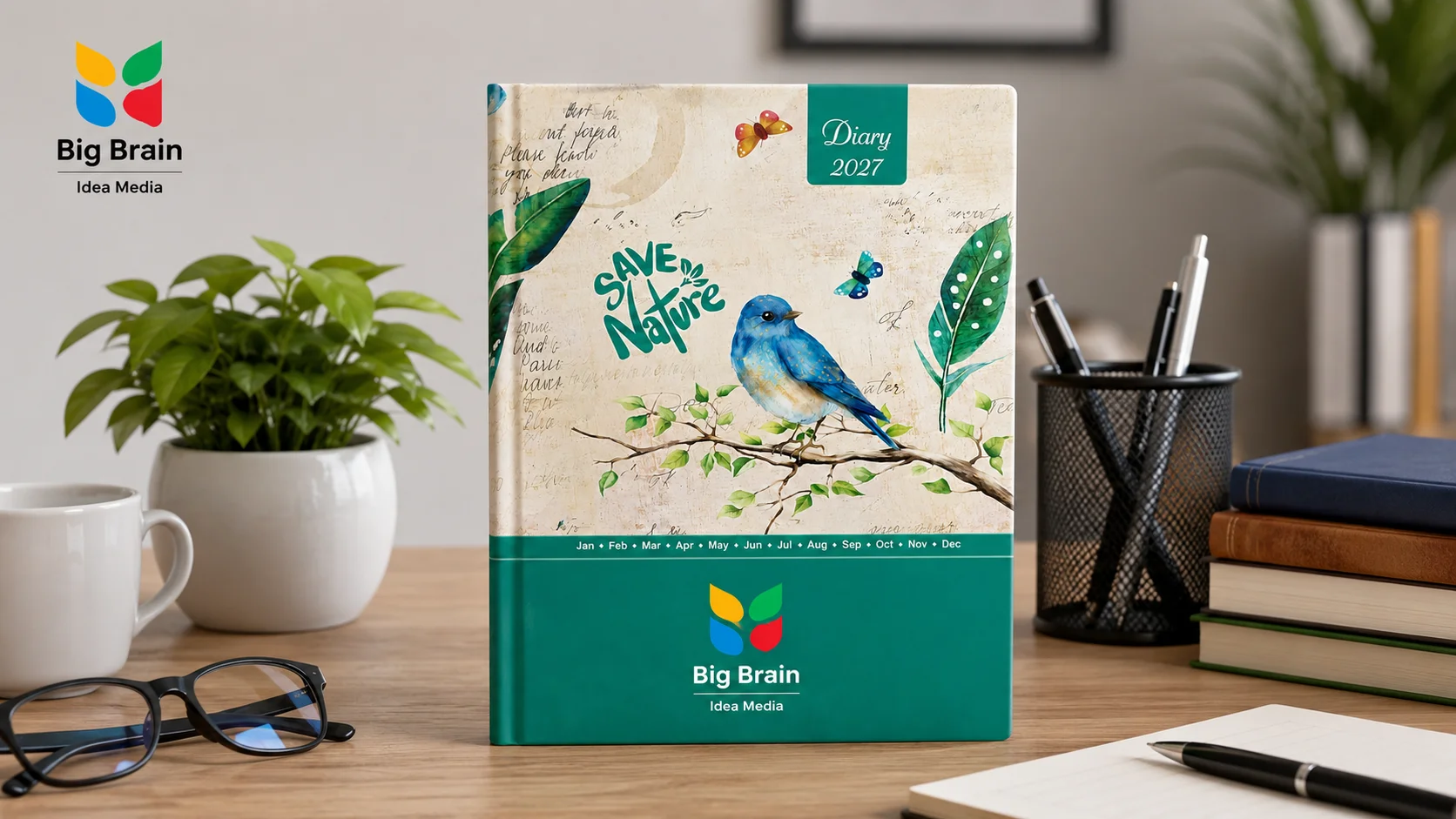 Personalised business diary for employees and clients with custom Big Brain Idea Media branding