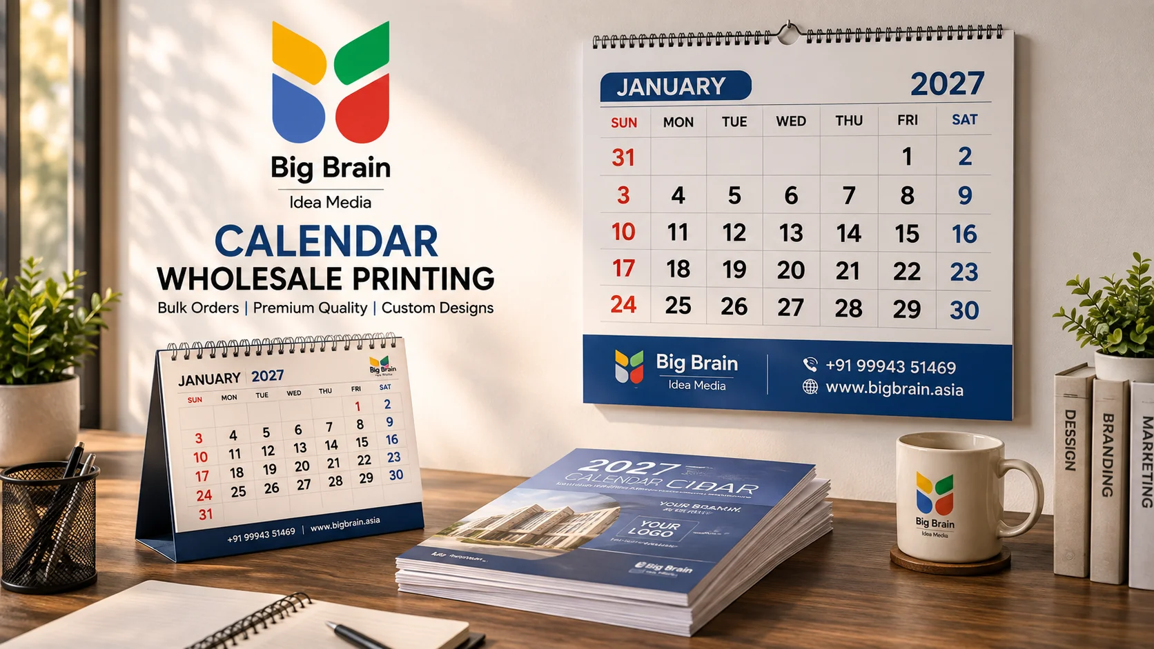 Custom calendars prepared for wholesale printing and bulk business orders by Big Brain Idea Media