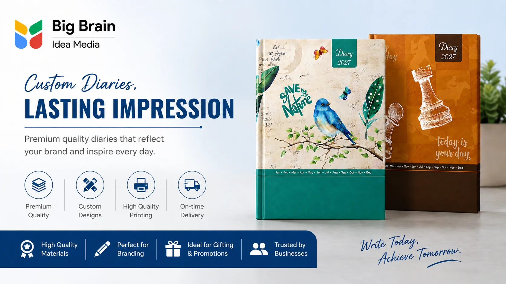 Custom business diaries with branded covers, quality printing and professional designs
