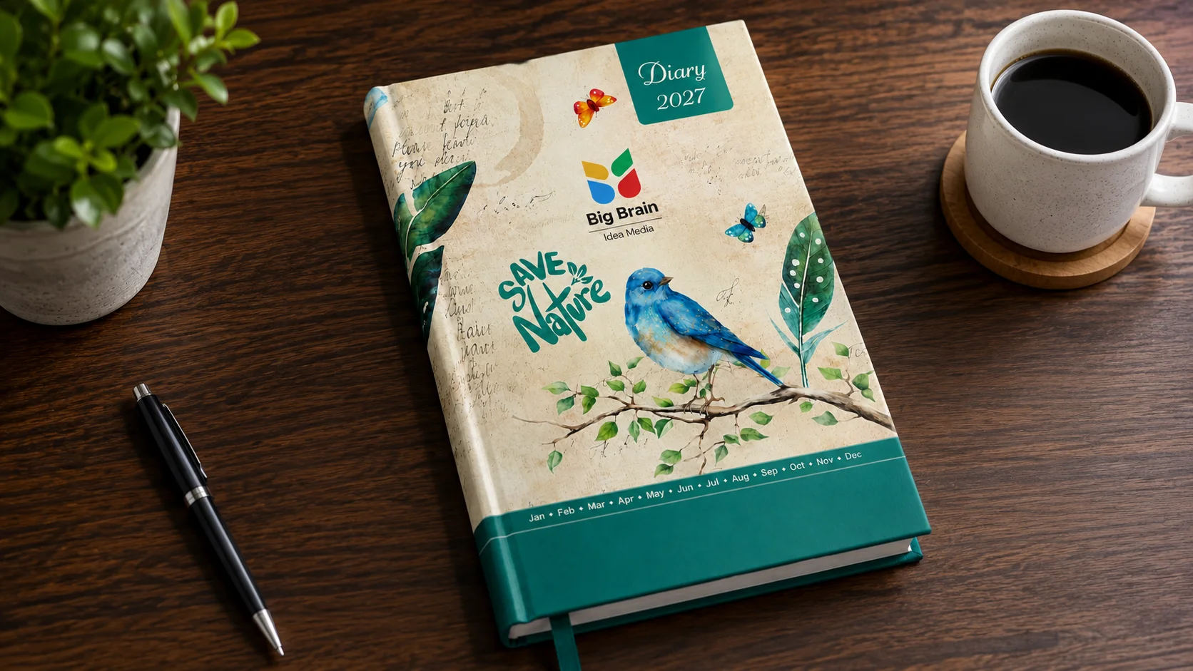 Custom corporate diary manufactured with branded cover design, nature-themed artwork, and Big Brain Idea Media logo
