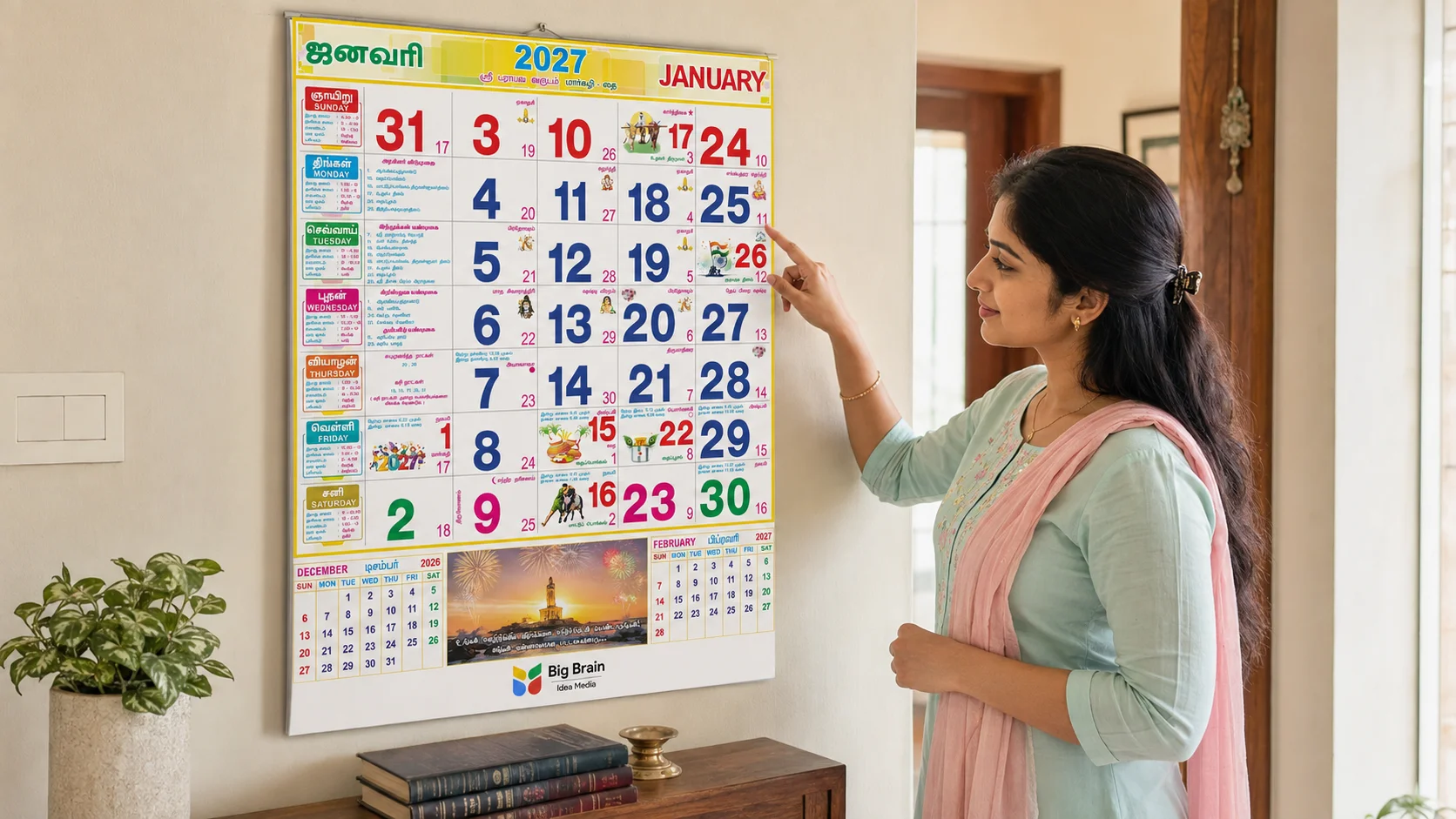 Woman viewing a personalised 2027 Tamil calendar at home by Big Brain Idea Media