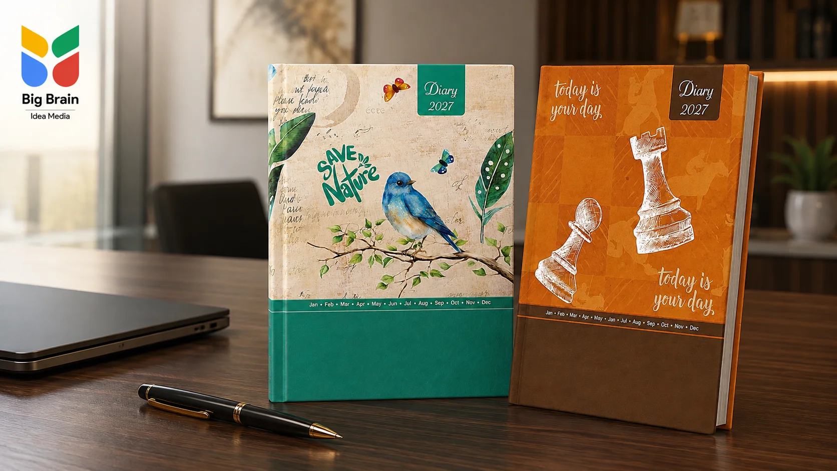 Premium 2027 corporate diaries displayed on an executive office desk by Big Brain Idea Media