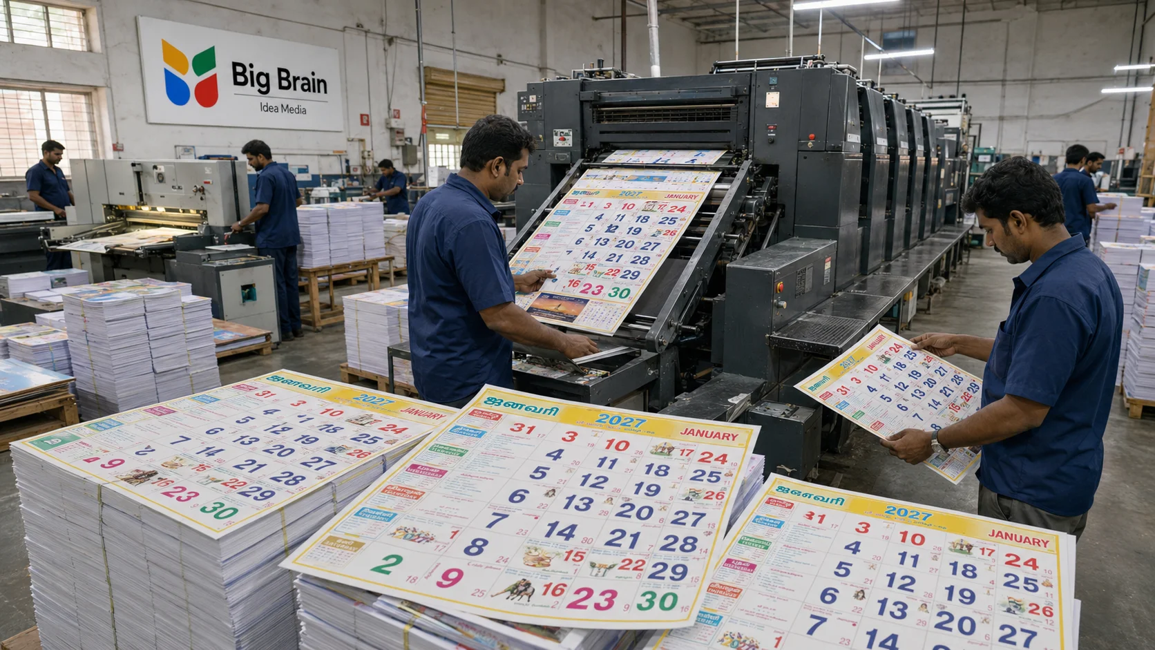 Workers producing bulk 2027 Tamil calendars at a calendar wholesale printing press in Sivakasi for Big Brain Idea Media.