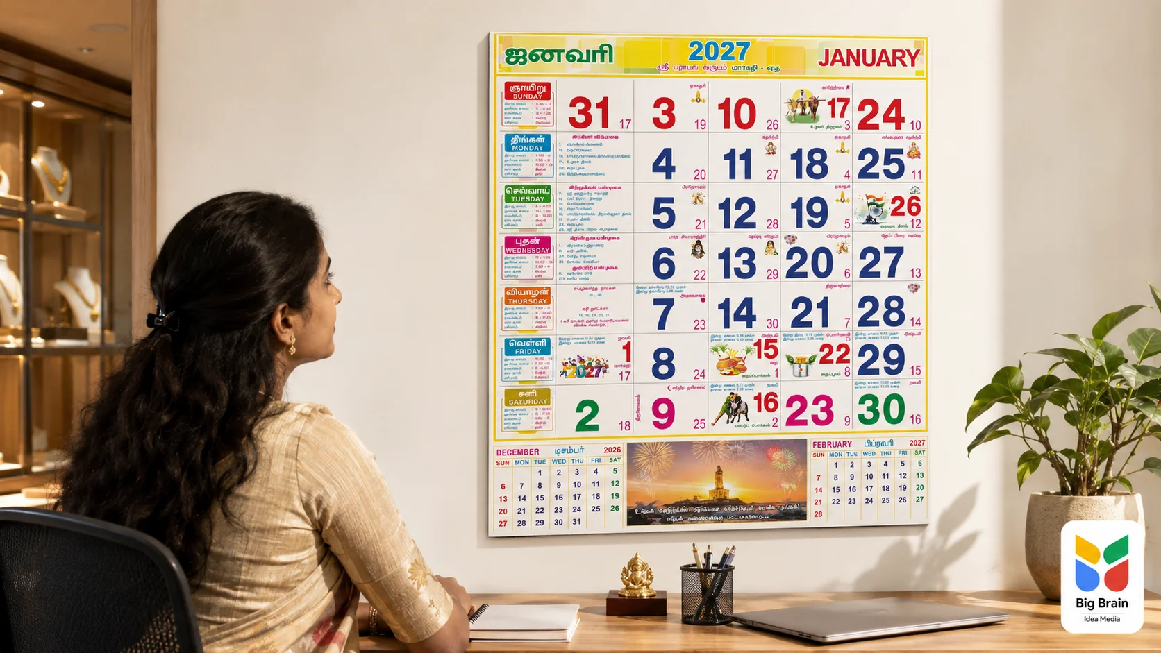 A woman in a showroom looks at a Big Brain Idea Media 2027 wall calendar beside a desk and indoor plant.
