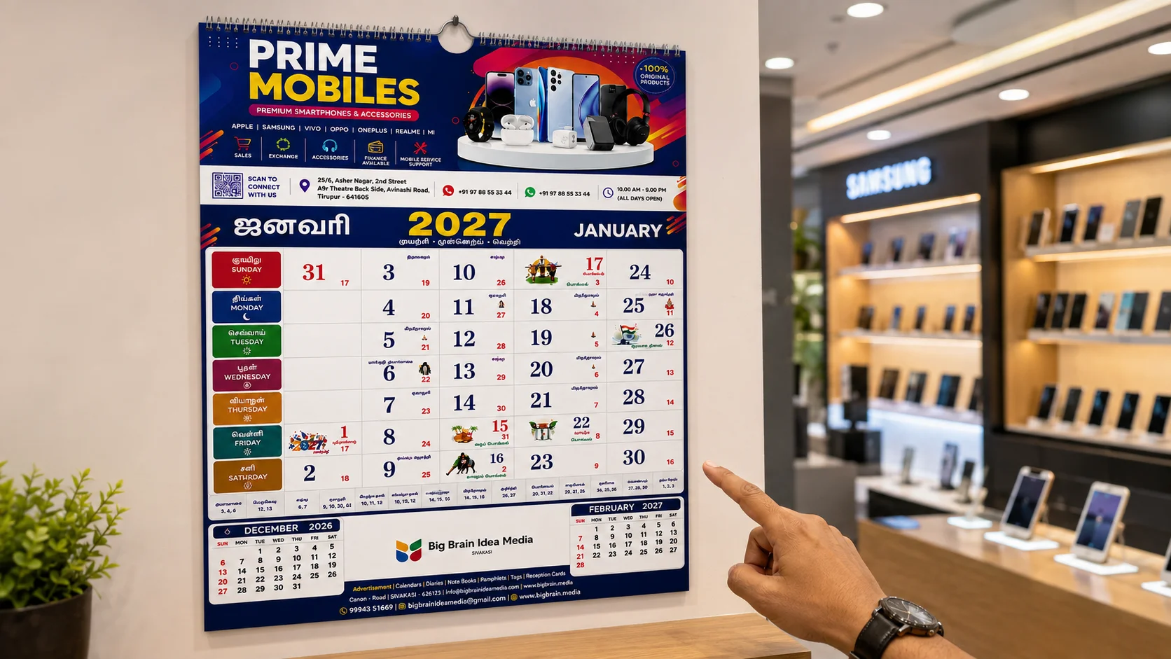 Prime Mobiles custom monthly wall calendar displayed inside a modern mobile showroom, designed and printed by Big Brain Idea Media.
